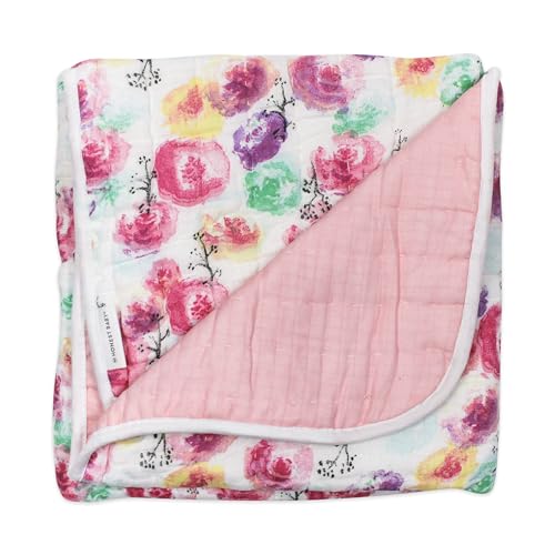 Image of HonestBaby Hand-Quilted Baby Blanket Reversible 100% Organic Cotton for Infant Boys, Girls, Rose Blossom /Pink, One Size