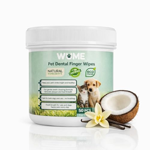WUME Coconut Vanilla Fresh Pet Dental Finger Wipes for Dogs & Cats – Flavored Teeth Cleaning Wipes. Pet Breath Freshener & Toothbrush Alternative. Natural Coconut & Vanilla,50 Count