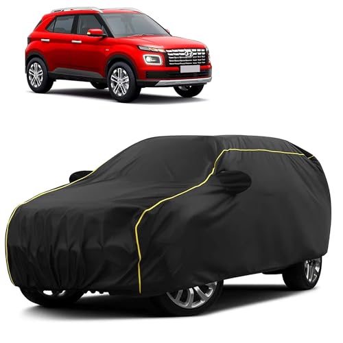 Image of Sulfar 100% Water Resistant Car Body Cover Compatible with Mirror for Hyundai Venue (Triple Stitched, Full Bottom Elastic, Black Taffeta with Yellow Piping)