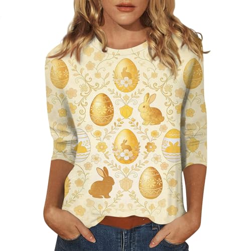 Women Tops Summer 3/4 Length Sleeve Easter Printed T Shirt Fashion Vacation Blouse Dressy Casual 0 Neck Shirts