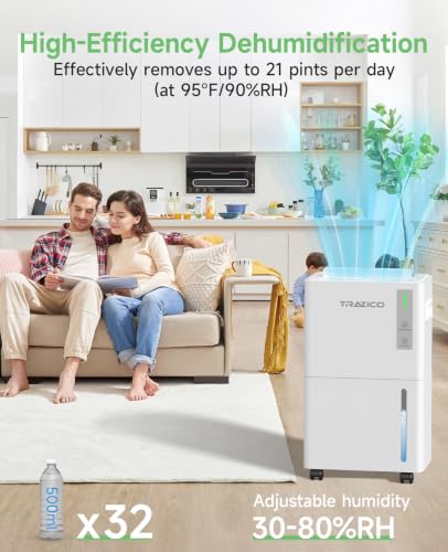 Image of 1500 Sq.ft Dehumidifier for Basement, Trazico Max 21 Pint /Day Dehumidifiers for Home, Large Room, Bedroom with Drain Hose, Quiet Smart Humidity Control, 3 Modes, 24H Timer, Auto Defrost
