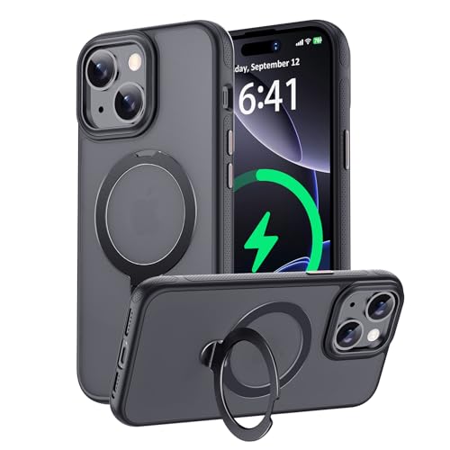 KISECASE iPhone 15 用 ケース MagSafe対応 ワイヤレス充電 磁気リング マグネット搭載 定点360度回転スタンド 耐衝撃 耐久性 黄ばみ防止 滑り止め 落下保護 傷防止 携帯ケース アイフォン15用 カバー リング ストラップホール 指紋防止 (半透明＋ブラック, iPhone 15 用)