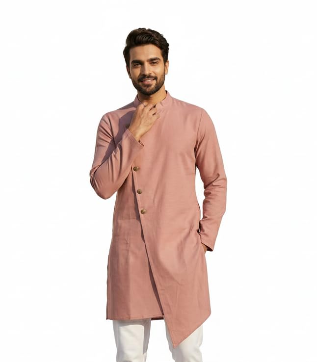 Image of OOMPH! Men's Ethnic Traditional Asymmetric Kurta Polycotton Regular Fit | High Neck Full Sleeves | Traditional Indian Festive Kurta | Stylish Casual and Wedding