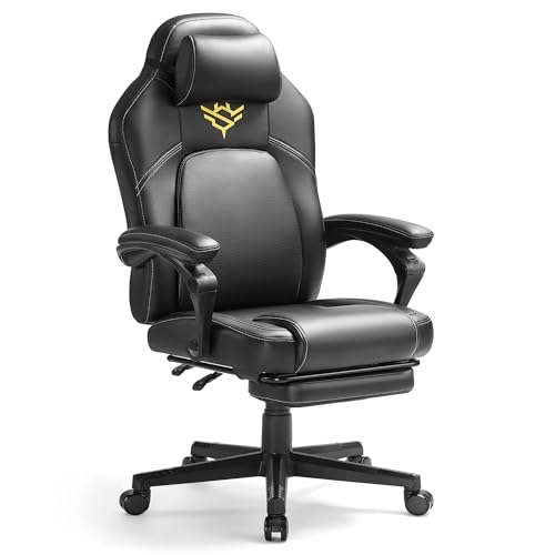SONGMICS HOME Gaming-Stuhl, ergonomischer Computerstuhl mit Fußstütze, Bürostuhl, Drehstuhl mit Kopfkissen, PU, höhenverstellbar, tintenschwarz OBG072B01