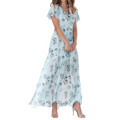 Womens Chiffon Floral Long Dress Summer Ruffle Short Sleeve Maxi Dress V Neck Flowy Boho Beach Party Dresses