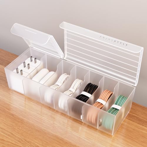 Yikola Cable Storage Boxes Organizers | Dual-Lid Cable Box with 7 Compartments | Clear Charger Organizer Box| Visible Charger Management | Desk Drawer Accessories | Home & Office Electronic Storage