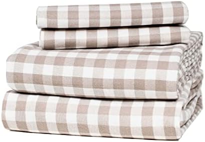 Five Looms - Cozy Flannel Bed Sheet Set, 100% Cotton Flannel Sheets with Deep Pockets, All Around Elastic, Ultra Soft Flannel - Fitted Sheet, Flat Sheet, and 2 Pillowcases, Queen Size, Gingham Beige