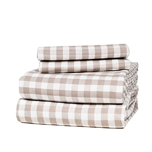 Five Looms - Cozy Flannel Bed Sheet Set, 100% Cotton Flannel Sheets With Deep Pockets, All Around Elastic, Ultra Soft Flannel - Fitted Sheet, Flat Sheet, And 2 Pillowcases, Queen Size, Gingham Beige #TOP1