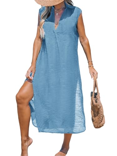 Image of CUPSHE Women's Swimsuit Coverup Casual Sleeveless Side Split Long Cardigans V Neck Midi Beach Dress