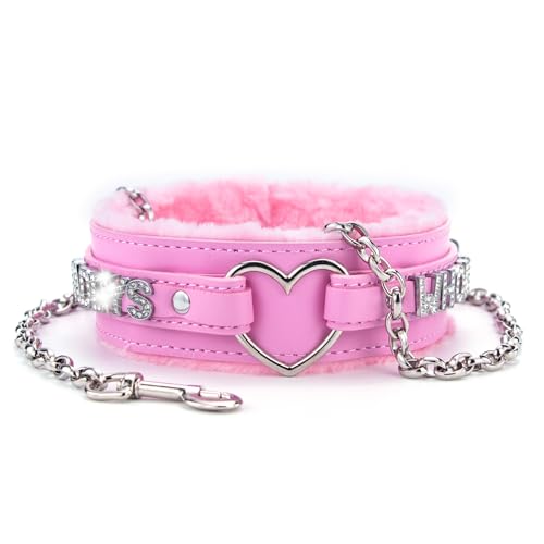 Bilisee Pink Leather Heart O-ring Collar Necklace for Women Adjustable Gothic Punk Collar with Letters Soft Furry Choker Jewelry