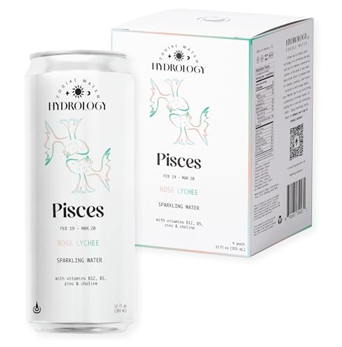 Hydrology Zodiac Water - Pisces Rose Lychee - Organically Flavored Social Sparkling Water with unique Vitamins and Minerals tailored to the Pisces Zodiac Sign, Astrology Drink for Birthday Gift (4-Pack, Pisces - Rose Lychee)
