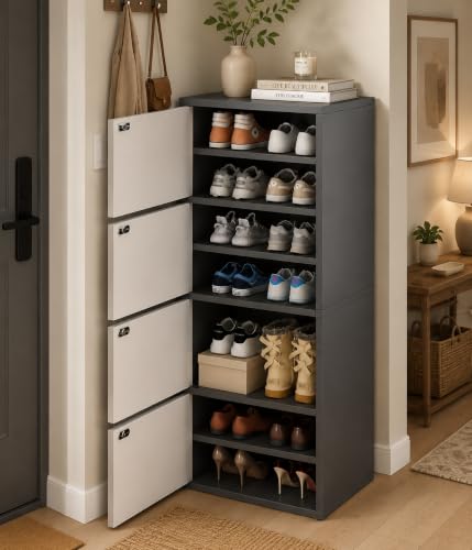Mevigo-Wooden Shoe Rack with 4-Door - Tall Shoe Cabinet with Doors, 7-Tier Freestanding Shoe Storage Organizer for Entryway, Engineered Wood Shoe Stand Cabinet, Space-Saving Narrow Shoe Rack Wooden