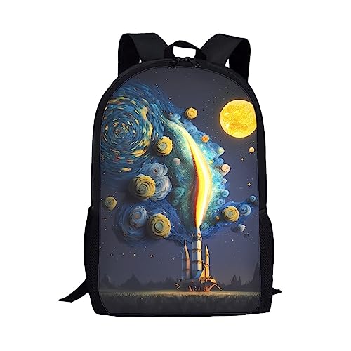 Kids School Backpack Art Oil Painting Book Bags School Bag Bookbag for Teen Youth College Students,Moon Blue Rose Rocket