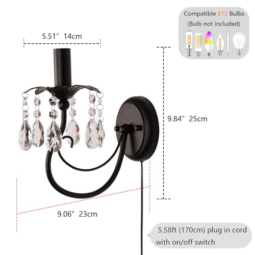 Image of Black Wall Sconces,Vintage Crystal Wall Sconce Wall Light Fixtures,Farmhouse Candle Wall Sconce Indoor Bedside Mid Century for Bathroom Bedroom Living Room Hallway Entryway Stairs