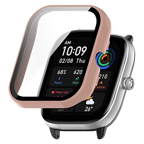 GIOPUEY Funda para Amazfit GTS 4 Mini, Pellicola Protettiva in Vetro + Cornice in Plastica Rigida, Protezione a 360° a 360°, Amazfit GTS 4 Mini Custodia - Pink