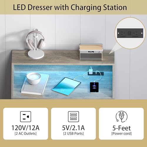 Image of Wodeer Grey Dresser Tall 5 Drawer Dresser for Bedroom, Wood Chest of Drawers with LED Lights, Charging Station, Metal Handles, Modern Storage Cabinet and Organizer Drawers for Living Room, Hallway