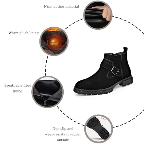 Men's Suede Buckle Low Block Heel Chelsea Ankle Boots with Zipper Retro Round Lug Sole Non-Slip Warm Plush Lining Business Chukka Booties4