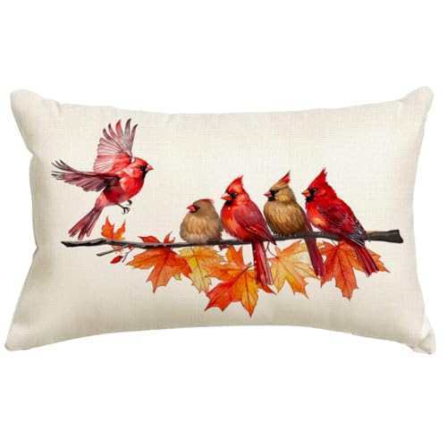 Image of Fall Pillow Covers 12x20 Inch Cardinal Birds Maple Leaves Decorative Autumn Thanksgiving Harvest Lumbar Cushion Case Decor for Home Sofa Couch (Red, 12 inchX20 inch)