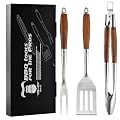 Heavy-Duty Heat-Treated Ash Wood BBQ Grilling Tools Set | Extra-Thick Stainless Steel Spatula, Fork & Tongs | Essential Barbecue Accessories, for Grill Enthusiasts