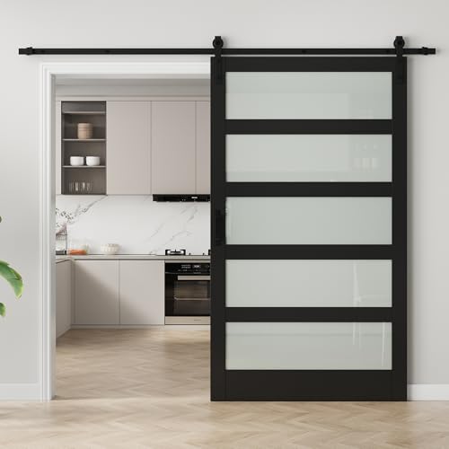 Image of 48 inchx84 inch Frosted Glass Barn Door with 8FT Sliding Hardware & Handle, Black | Pre-Drill Holes Barn door for Easy Assembly, Solid Wood Sliding Barn Door with Excellent Privacy Protection & Sound Reduction