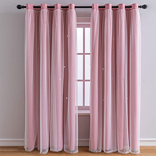 FANLI 2 Panels Star Blackout Curtains for Kid Girls Bedroom Living Room Darking Stripe Double Layer Star Cut Out Wall Home Decor Gradient Grommet Window Curtains (Pink 84L)
