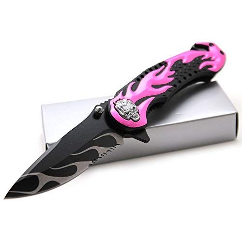 Snake Eye Tactical Flame Designed Action Assisted Folding Pocket Knife Outdoors Hunting Camping Fishing (Pink) - Snake Eye Tactical
