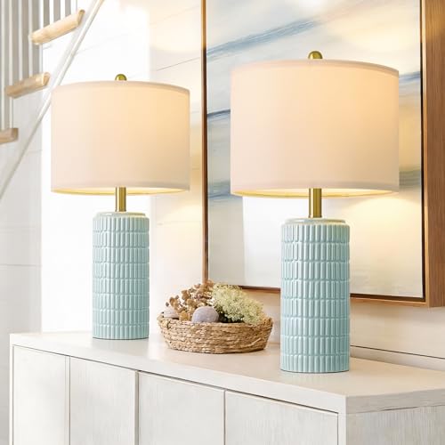 Image of PoKat 23 inch Light Blue Table Lamps Set of 2, Modern Bedside Lamps for Bedroom, Coastal Ceramic End Table Lamps for Living Room, Ocean Nightstand New Home Decor Lamps