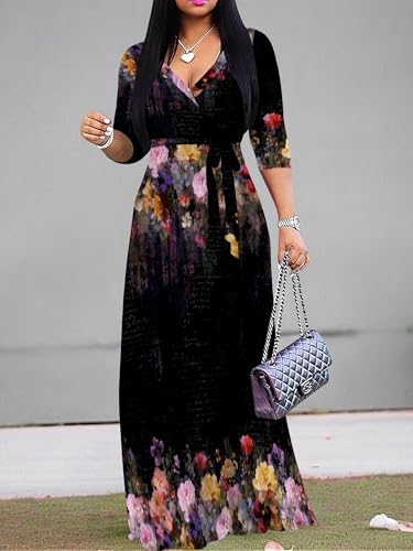 Image of SUZONANA Plus Size Dresses for Women Floral Print Maxi Dress Flowy 3 /4 Sleeve with Belt