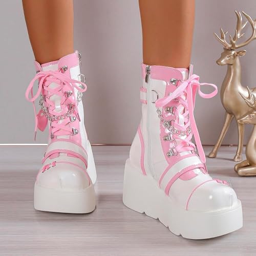 Goth Platform Buckle Boots for Women's Chunky High Heel Lace Up Punk Motorcycle Combat Boots with Chain4