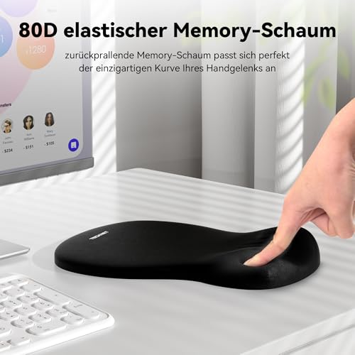 TECKNET Ergonomisches Mauspad, Memory-Schaum Mousepad mit Handauflage, rutschfeste PU-Basis, Wasserfestes Computer Mausunterlage für Büro, Zuhause und Reisen, Schwarz