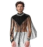 Men's Long Tassel Shrug Shoulder Pads Tank Top Clubwear Disco Rave Outfits Patchwork Sequins Fringe Outwears (Black, X-Large)