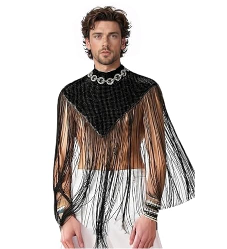 Men's Long Tassel Shrug Shoulder Pads Tank Top Clubwear Disco Rave Outfits Patchwork Sequins Fringe Outwears