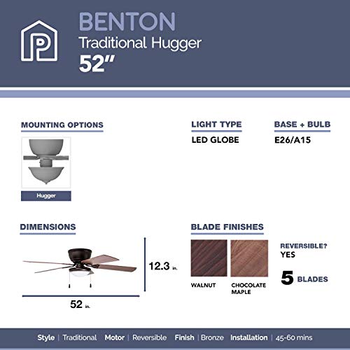 Prominence Home Benton, 52 Inch Traditional Flush Mount Indoor Led Ceiling Fan With Light, Pull Chains, Dual Finish Blades, Reversible Motor - 51429-01 (Bronze) #TOP3