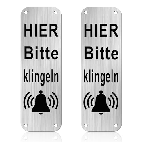 Yuiturt 2 Stück Bitte Hier Klingeln Schild Alu Klingelschild Selbstklebend Klein 15x5cm, Selbstklebendes Klingelschild, Wetterfest Klingelschilder, Bitte Klingeln und Warten Schild