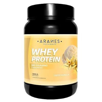 Aranes Whey Protein | Proteína pura con Colágeno y Magnesio | Recuperación muscular | Proteína concentrada | Acelera el metabolismo | Formato en polvo | 1000 gramos (Vainilla)