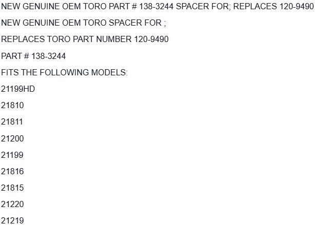 Replacement for TORO GENUINE PART # 138-3244 SPACER FOR; 120-9490 OEM