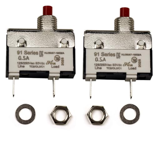 ZOOKOTO 2Pack 125/250V AC 50V DC Manual Reset Push Button Thermal Circuit Breaker 0.5Amp,Overload Protection Quick Connect Terminals Switch 0.5A for Upright Vacuum Cleaner Juicer Meat Coffee Grinder
