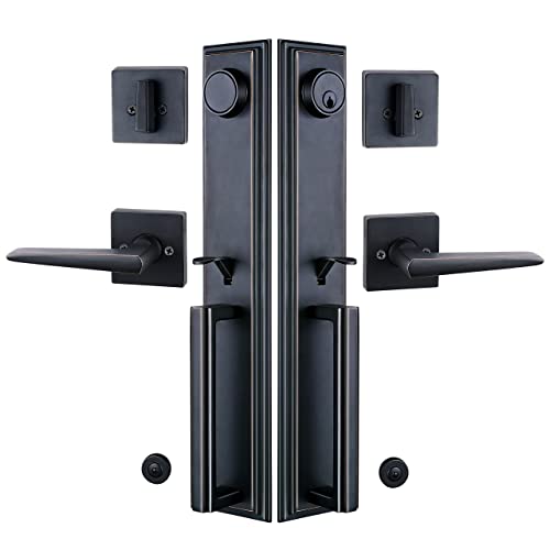 Front Double Door Handleset With Square Lever Handle Reversible For Right & Left Sided Doors Oil Rubbed Bronze (16.5" Long Handleset, Double Door) #TOP5