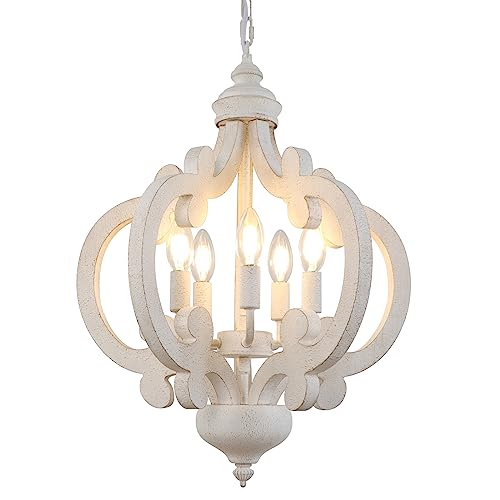 Lynpon ZJD00012 White French Country Chandelier, 5 Lights Distressed Wood Farmhouse Chandeliers Kitchen Light Fixtures thumb #1