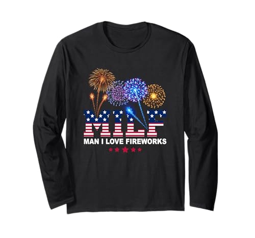 M I L F Man I Love Fireworks Funny USA Patriotic 4 de julio Manga Larga