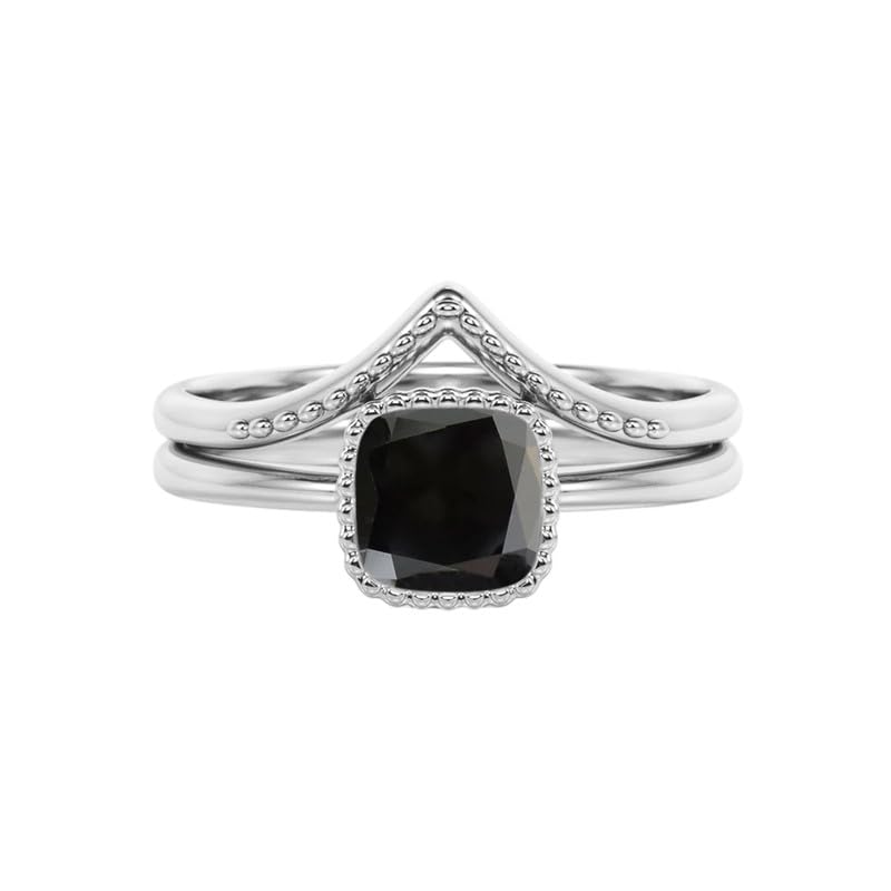Black Onyx Wedding Ring Set for Women 925 Sterling Silver 10K 14K 18K Gold Vintage Bridal Ring Set with 1CT Cushion Cut Black Onyx Engagement Ring Set for Her
