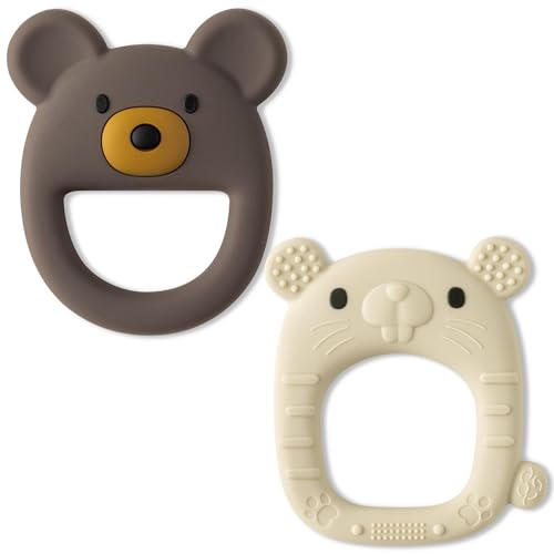 Image of Baby Bear Mouse Silicone Teether for 0-6 Months- 2ooya 2Pcs Brown White Soothe Teething Infant Chew Toys Toddler Sore Gums Pain Relief Toy for Easy to Grasp Baby Shower Birthday Gifts for Boy and Girl