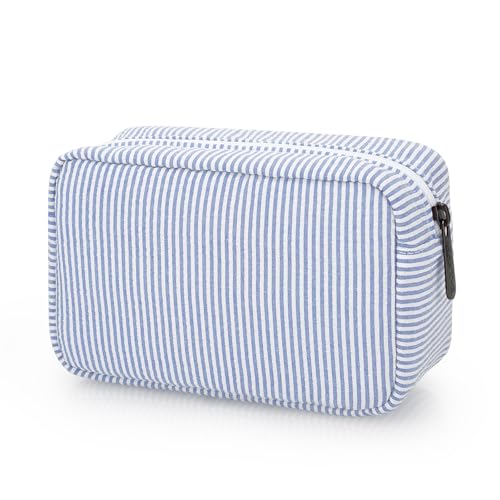 E-Tree Cute Makeup Bag,Zipper Make up Pouch for Purse,Toiletry Skincare Cosmetic Brush Case for Women Man,Personal Items Storage Organizer,Travel Size Essentials Accessories (Blue Stripe)