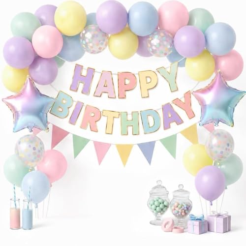 Birthday Decorations Set for Women & Girls - Pastel Happy Birthday Banner with Triangle Bunting Star Foil Balloons Confetti Balloons Balloon Arch Chain Ribbons & Glue Dots
