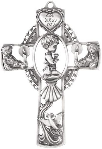 Genuine Pewter Wall Cross for Baby Boy "God Bless You" Baptism Christening Dedication