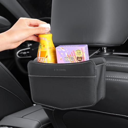 Image of Car Trash Can Small Leather Vehicle Trash Bin Car Dustbin Garbage Organizer Holder with Trash Bag Foldable Mini Cars Storage Bag Container for Auto SUV Van Trucks (Black,Hanging Hook)