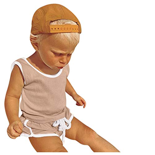 Franterd Infant Baby Boys Girls Ribbed Clothing Summer Knit Romper Bodysuit Shirts & Drawstring Shorts Outfits Set Khaki