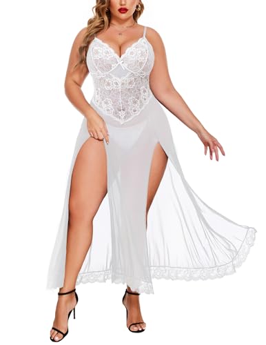 Image of Avidlove Plus Size Lingerie for Curvy Women Long Lace Babydoll Nightdress | V neck sheer mesh nightgown,g-string included,high side slits,adjustable straps,curve-flattering fit,maternity photoshoot