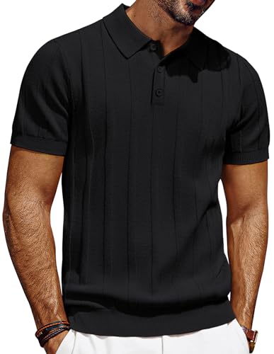 PJ PAUL JONES Polos pour homme à manches courtes - Polos de golf décontractés côtelés, Noir , L