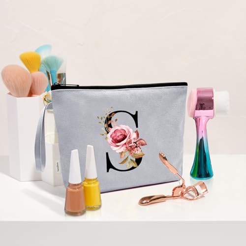Image of Vavabox A-Z Personalized Makeup Bag, Birthday Gifts for Women Mom, Gifts for Best Friend, Bride Bridesmaid Cosmetic bag (S, Grey)